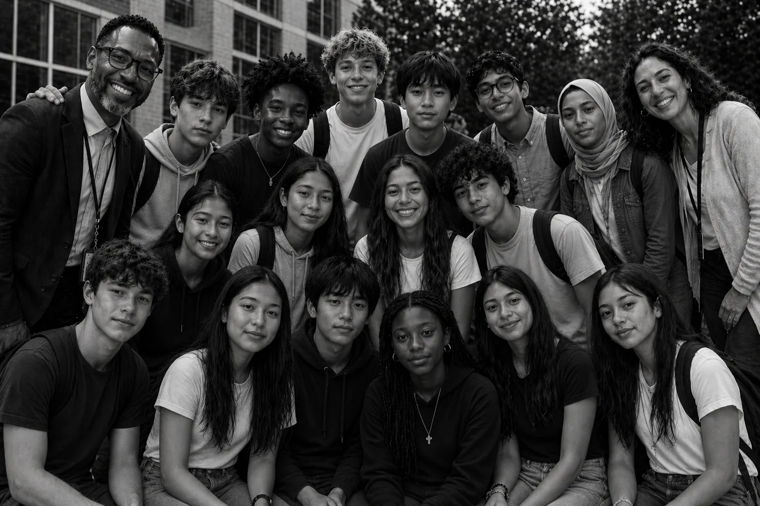 Black-and-white illustration of a diverse group of students and educators gathered together.