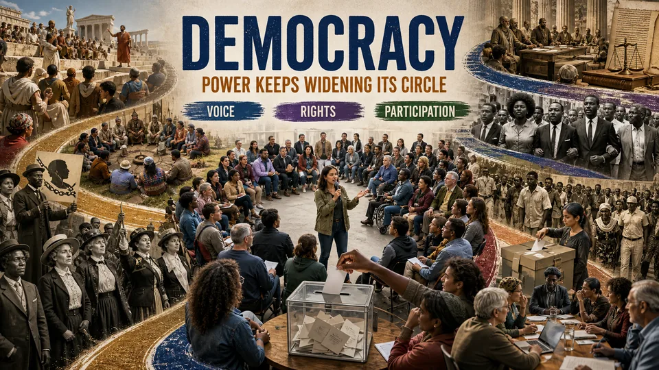 Collage tracing democracy from public assemblies and suffrage and civil-rights movements to a diverse modern civic forum and ballot box.