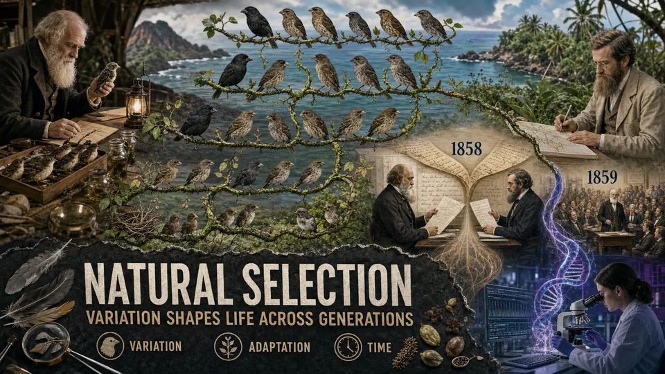 Visual story of natural selection connecting Darwin and Wallace, finch variation, the 1858 and 1859 milestones, DNA, and modern laboratory research.