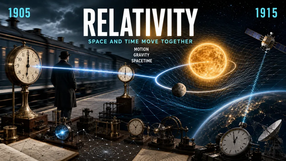 Visual story of relativity connecting 1905 and 1915 with clocks, a moving train, curved spacetime, orbiting bodies, and satellite communication.