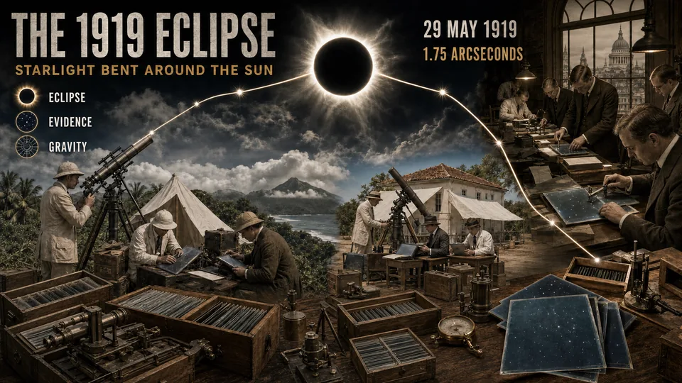 Visual story of the 29 May 1919 eclipse expeditions photographing star fields and comparing plates to test the predicted 1.75-arcsecond bending of starlight.