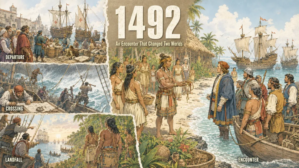 Illustrated sequence of the 1492 Atlantic voyage, from departure and ocean crossing to landfall and a symbolic shoreline meeting between Spanish sailors and Taíno people.