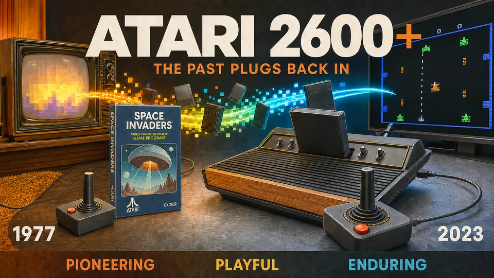 Atari 2600+ visual story with one wood-paneled console, two joysticks, a Space Invaders game box, cartridges, and Space Invaders imagery on a modern television between the years 1977 and 2023.