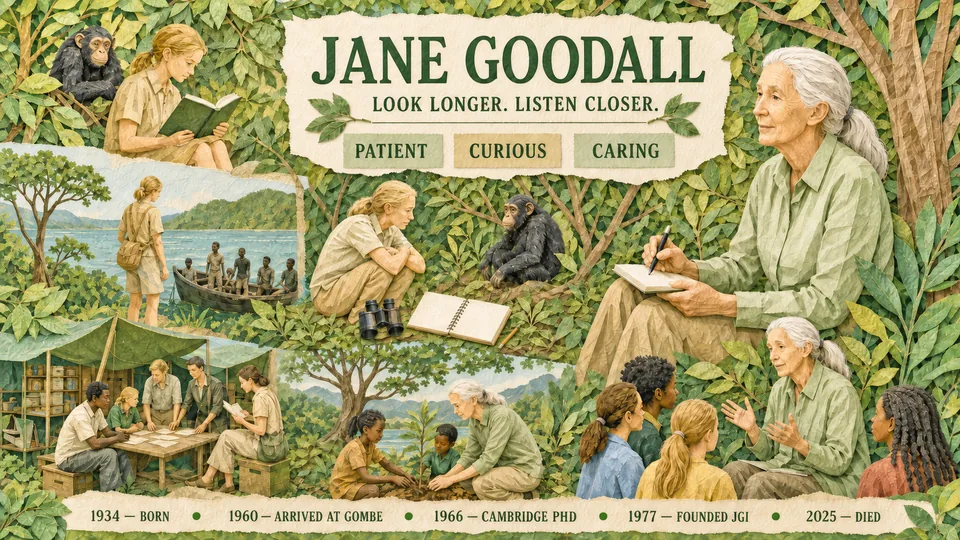 Visual story poster about Jane Goodall's chimpanzee research and conservation work.