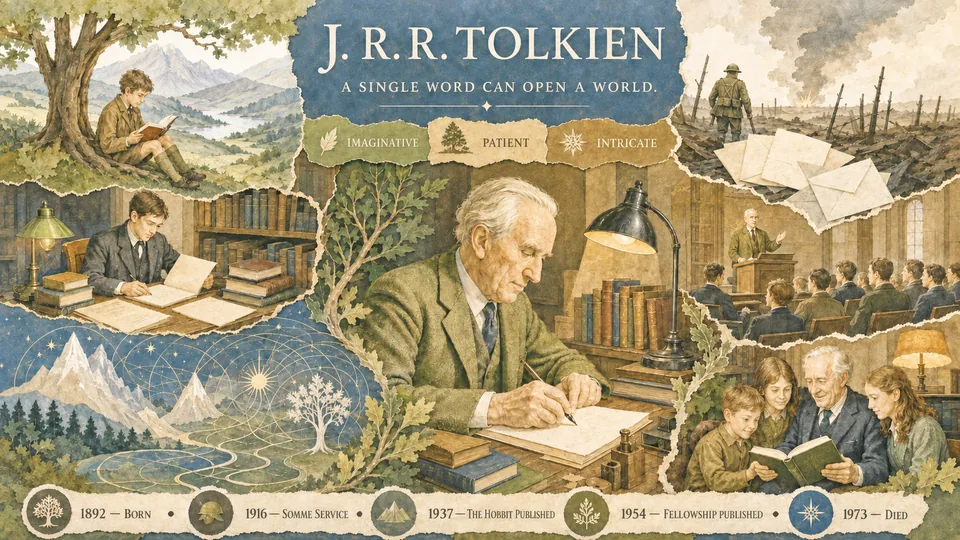 Visual story poster about J. R. R. Tolkien's life, imagination, and literary legacy.