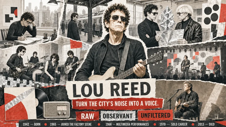 Visual story poster about Lou Reed's songwriting, performance, and influence on rock music.