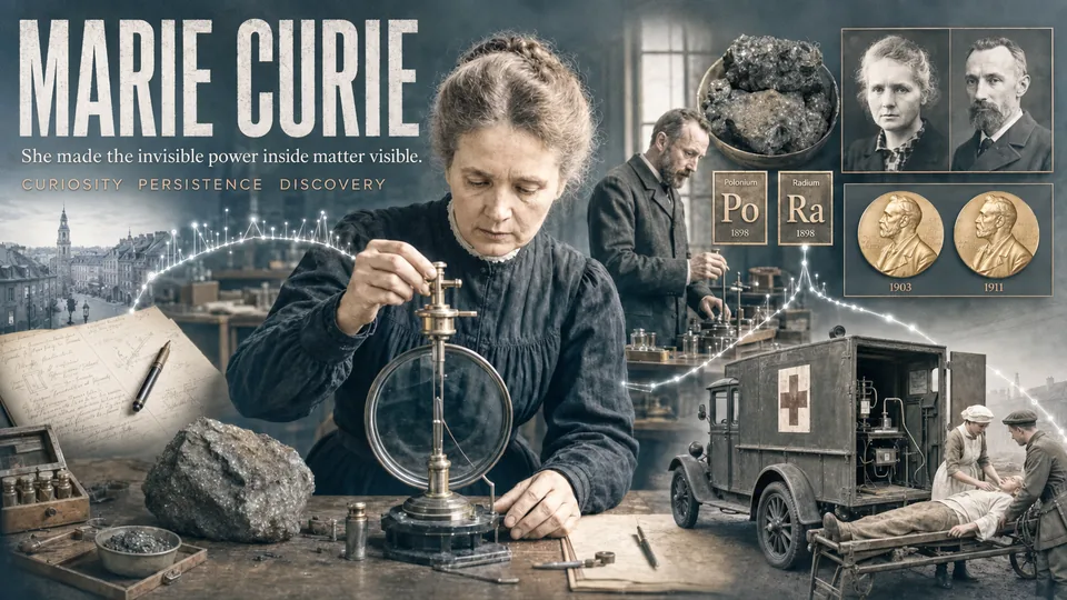Visual story poster about Marie Curie's discoveries, Nobel Prizes, and mobile X-ray work.