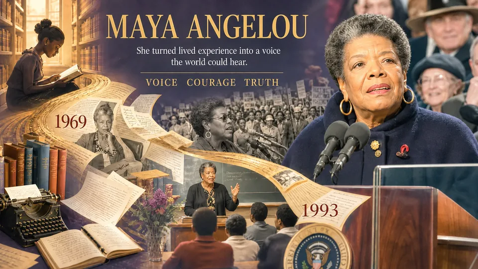 Visual story poster about Maya Angelou's writing, public voice, and enduring influence.