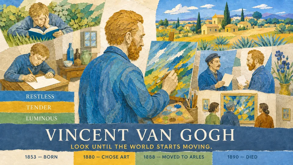 Visual story poster about Vincent van Gogh's life, art, and enduring influence.