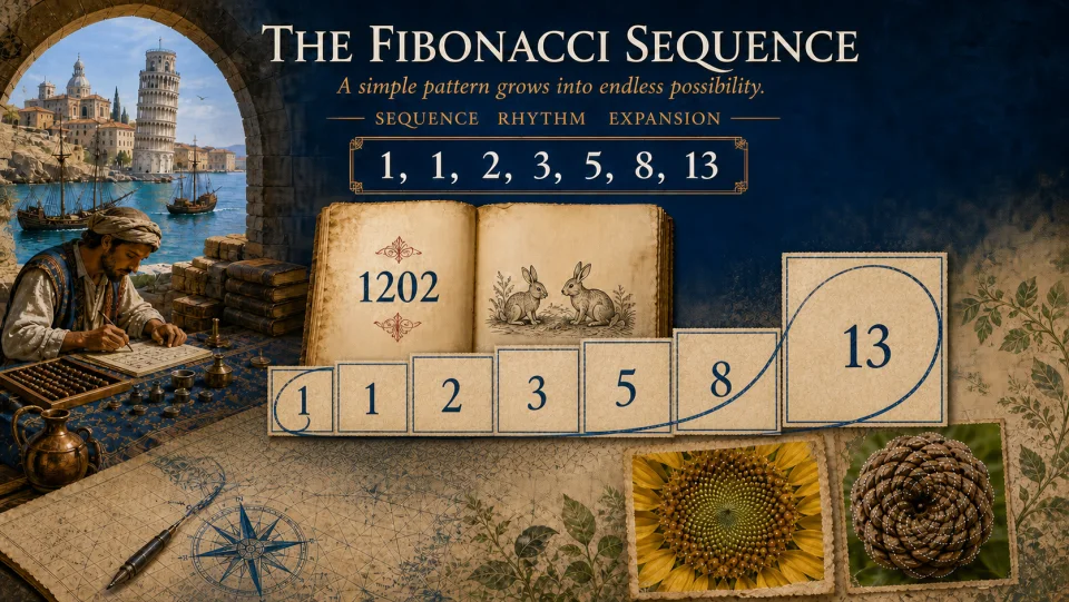 Educational poster showing the Fibonacci sequence from 1, 1, 2 through 13.