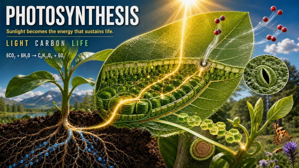 Educational poster showing how plants use light, water, and carbon dioxide during photosynthesis.