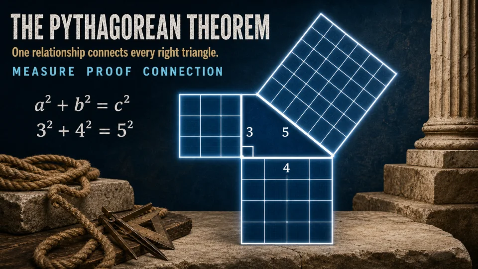 Educational poster demonstrating the Pythagorean theorem with an exact 3-4-5 right triangle.