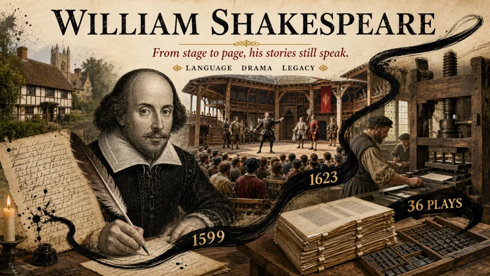Visual story poster tracing William Shakespeare from the Globe Theatre to the 1623 First Folio.