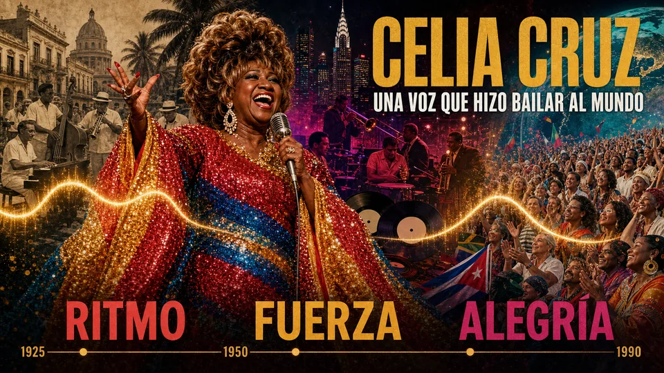 Historia visual en español de Celia Cruz, desde sus raíces en La Habana hasta los escenarios de Nueva York y su influencia mundial.
