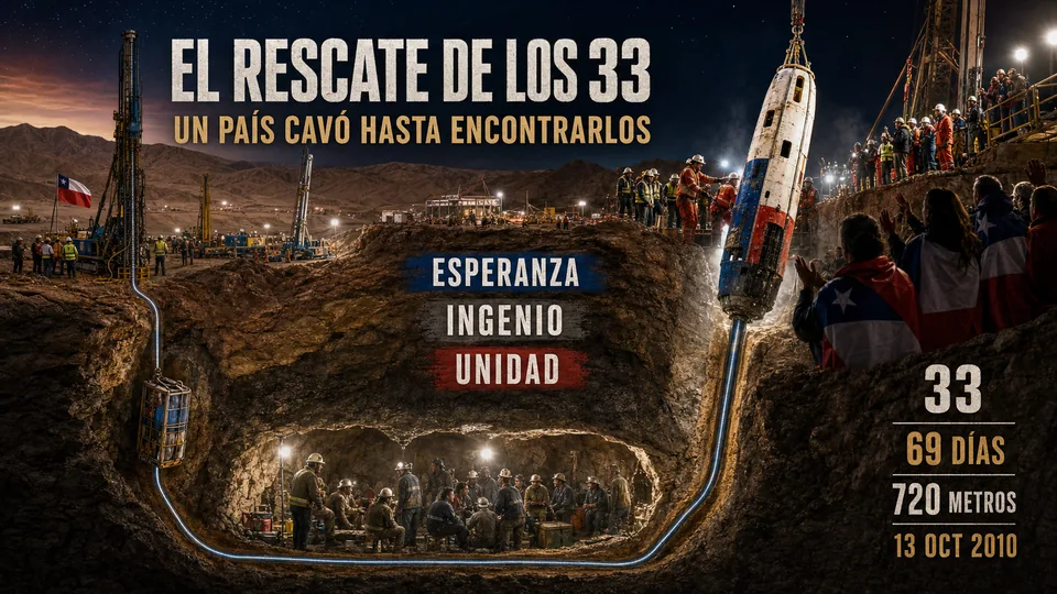 Historia visual en español del rescate de los 33 mineros chilenos, desde la perforación hasta el ascenso de la cápsula Fénix.
