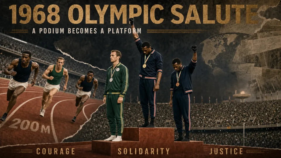 Visual story of the 1968 Olympic human-rights salute showing the 200-metre race and the medal podium with Tommie Smith, Peter Norman, and John Carlos.