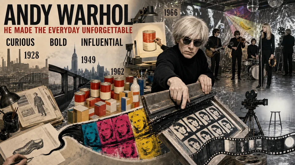 Mixed media visual story about Andy Warhol, the Silver Factory, consumer imagery, music, and experimental film.