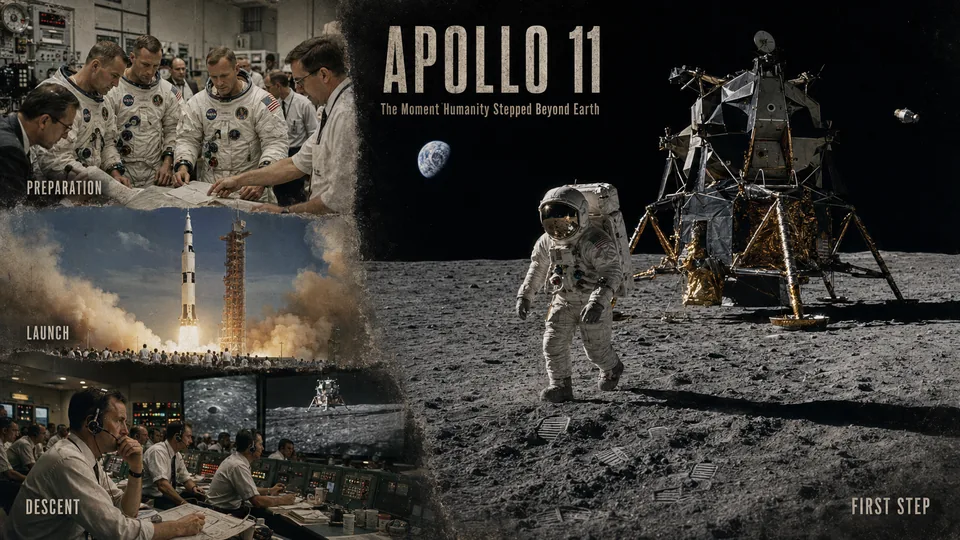 Illustrated Apollo 11 journey from preparation and launch to the first Moon landing.