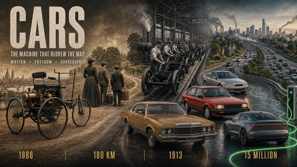 Illustrated history of cars, from the three-wheeled Benz Patent-Motorwagen and an early assembly line to 1970s, 1980s, modern, and electric vehicles.