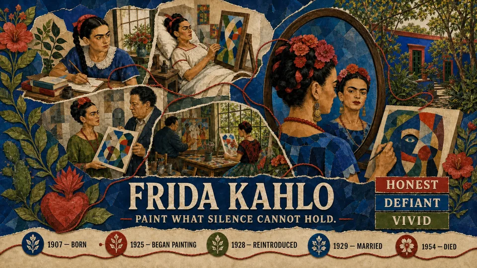 Layered visual story of Frida Kahlo's life, painting, and creative identity.