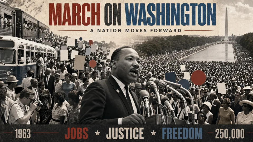 Visual story of the 1963 March on Washington showing arrivals, a vast peaceful multiracial crowd on the National Mall, and Martin Luther King Jr. speaking at the Lincoln Memorial.