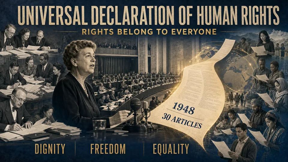 Visual story of the Universal Declaration of Human Rights showing Eleanor Roosevelt, international delegates, the 1948 assembly, and declaration pages reaching people around the world.