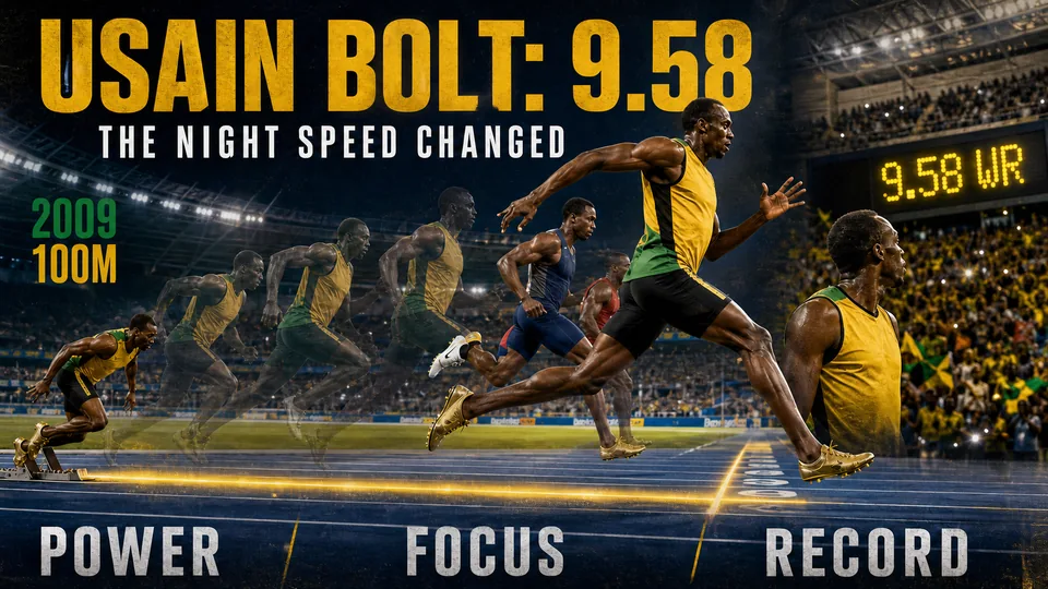 Visual story of Usain Bolt's 2009 world-record 100-metre sprint in Berlin, moving from the starting blocks through his finish and the 9.58-second result.