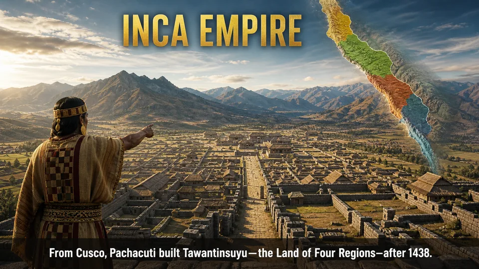 Illustrated Inca leader overlooking Cusco and a map of Tawantinsuyu expanding along the Andes.