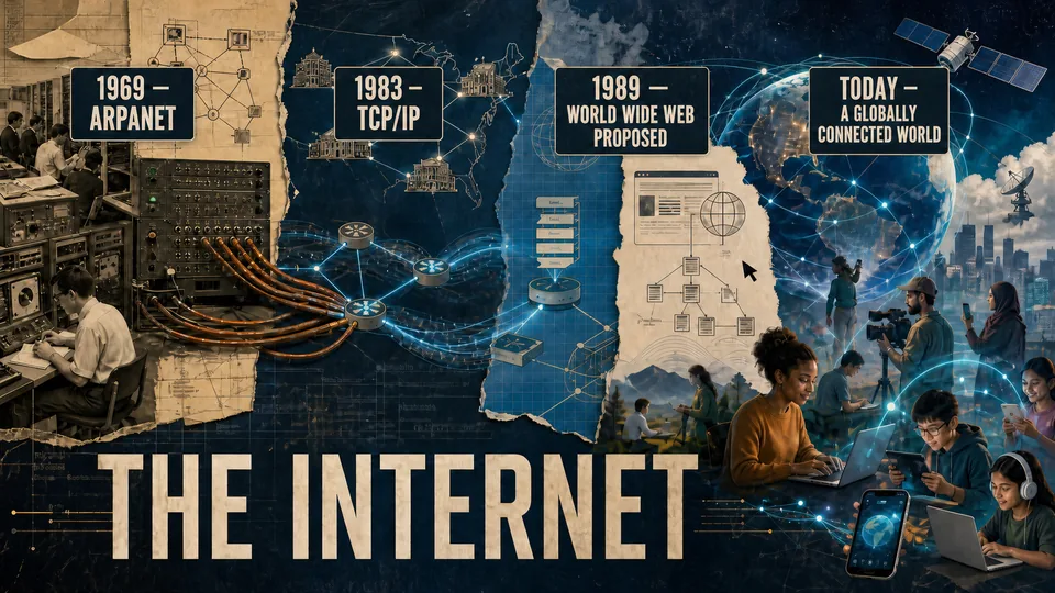 Editorial Internet timeline connecting early computer networks and ARPANET through TCP/IP and the World Wide Web to today’s globally connected people and devices.