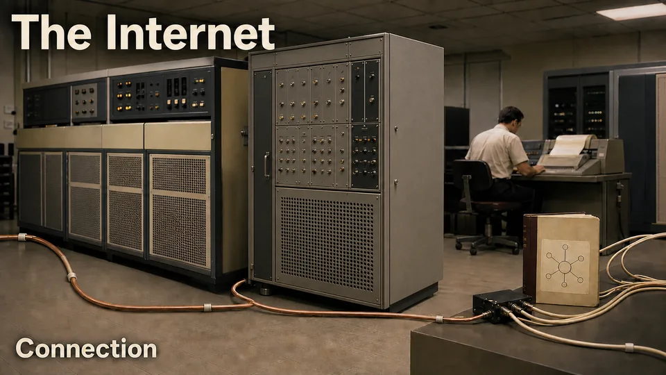 Early network computers, cables, and a researcher represent the first connections that led toward the Internet.