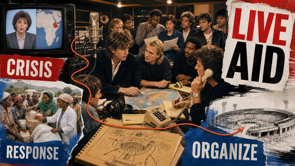 Live Aid organizers respond to televised famine reports while planning broadcasts, relief work, and stadium concerts.