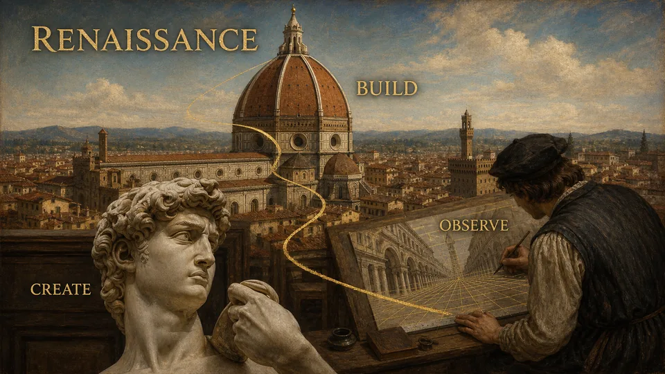 Renaissance Florence connects Michelangelo's David, Brunelleschi's cathedral dome, and an artist studying perspective.