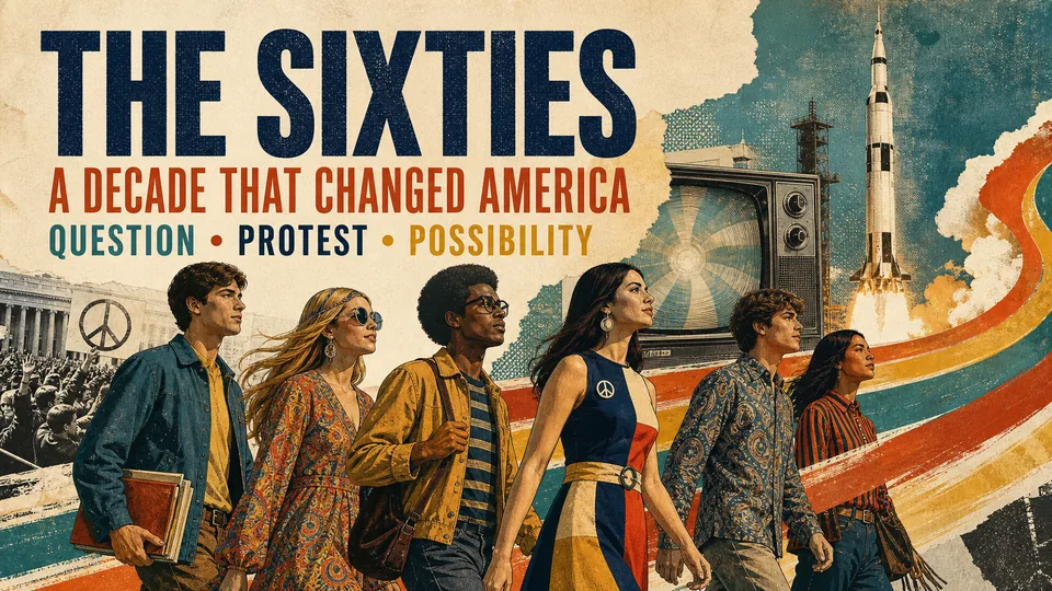 Young people move through a 1960s collage of civil-rights demonstrations, television, peace symbols, and the space race.